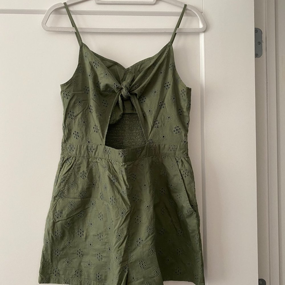 Aerie Embroidered Eyelet Cut Out Smocked Back Spaghetti Strap Romper Olive Green